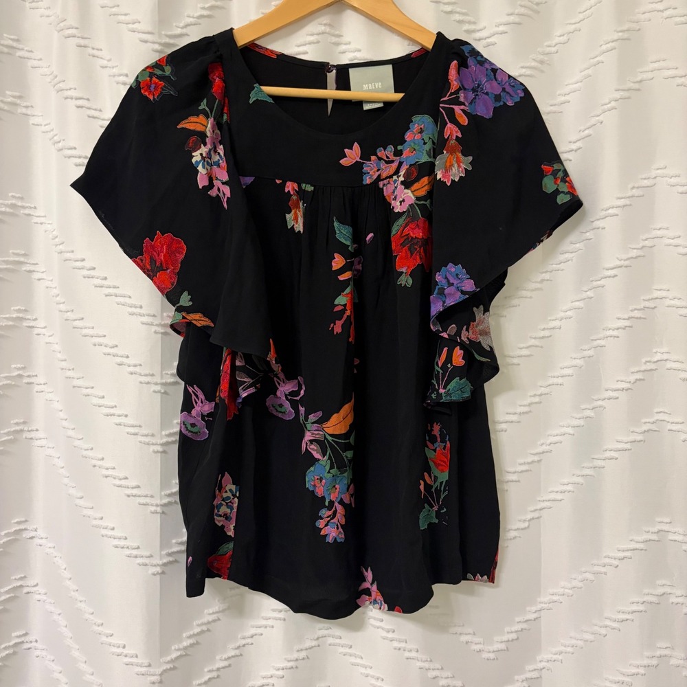 Maeve Anthropologie Black Floral Flutter Sleeve Blouse Small Scoop Neck Top